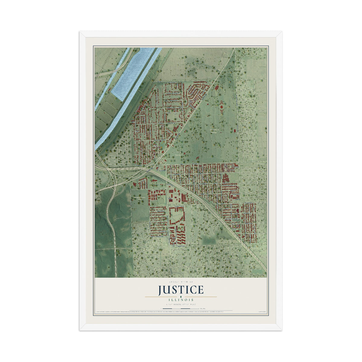 Map of Justice, Illinois, 12 x 18 inch print in a white wood frame