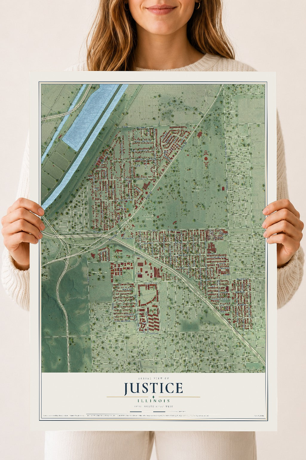 Map of Justice, Illinois, 18 x 24 inch unframed archival matte print