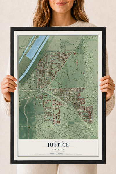 Map of Justice, Illinois, 18 x 24 inch print in a black wood frame