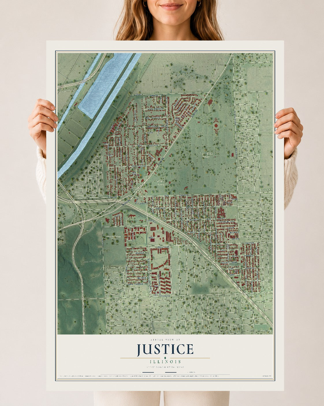 Map of Justice, Illinois, 24 x 36 inch unframed archival matte print