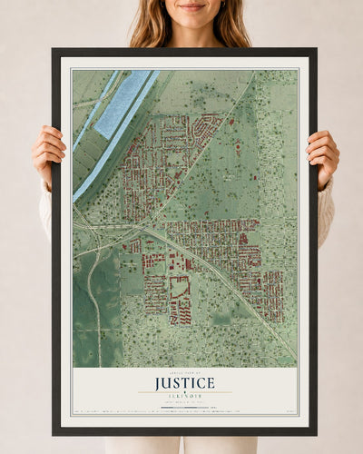 Map of Justice, Illinois, 24 x 36 inch print in a black wood frame