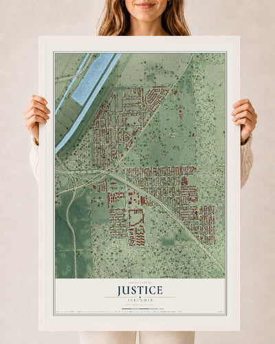 Map of Justice, Illinois, 24 x 36 inch print in a white wood frame