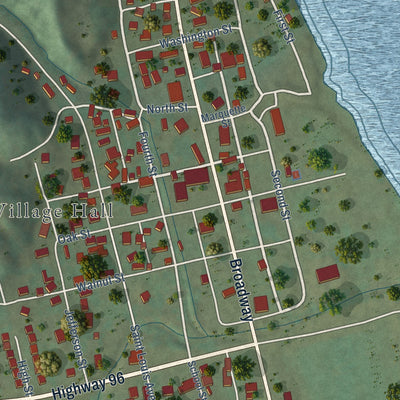 Close-up of the map of Kampsville, Illinois print showing street and building detail