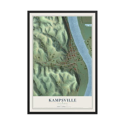 Map of Kampsville, Illinois, 12 x 18 inch print in a black wood frame