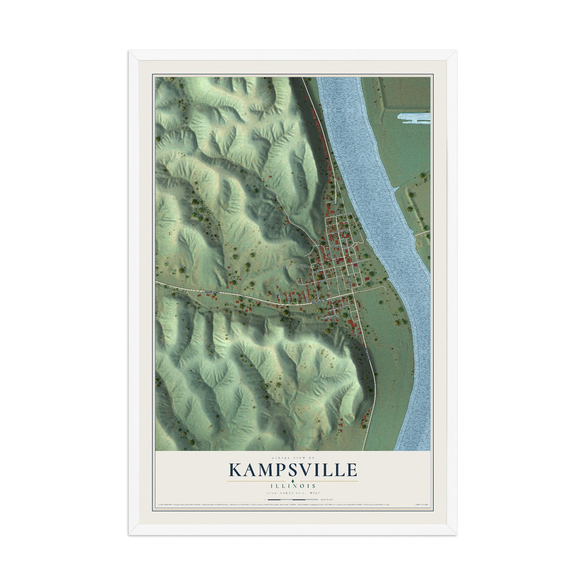 Map of Kampsville, Illinois, 12 x 18 inch print in a white wood frame