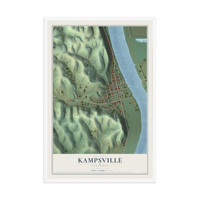 Map of Kampsville, Illinois, 12 x 18 inch print in a white wood frame