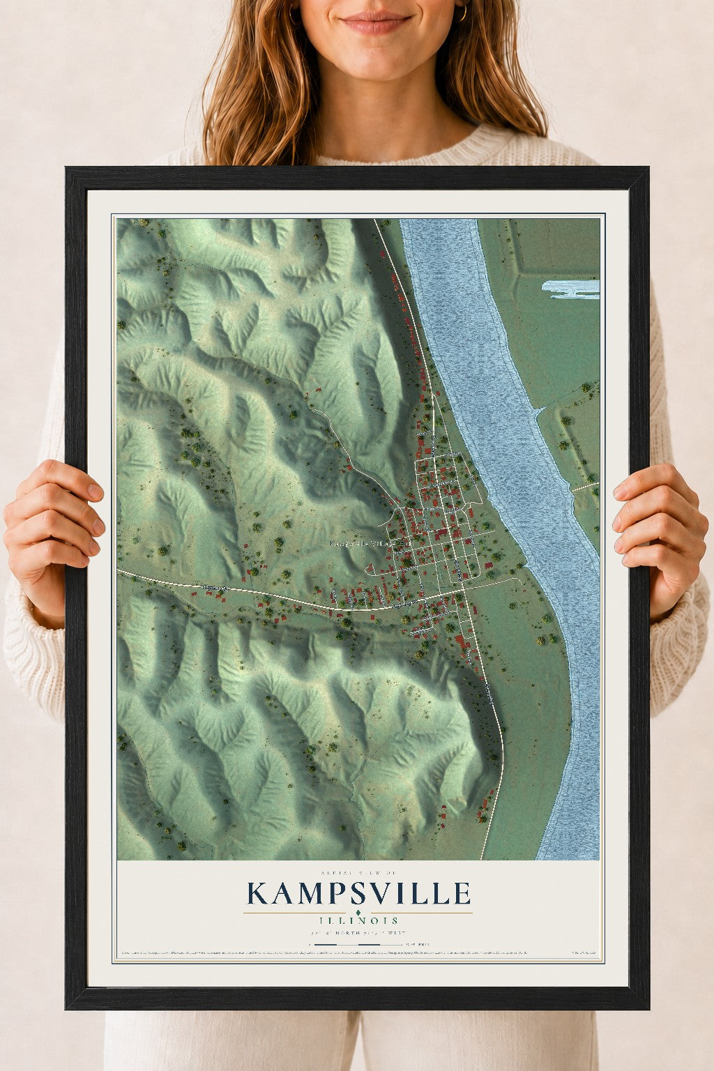 Map of Kampsville, Illinois, 18 x 24 inch print in a black wood frame