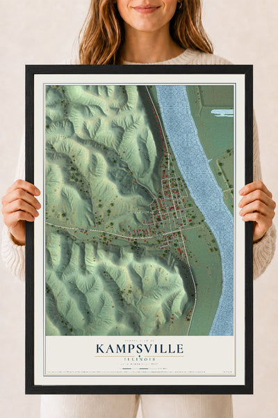Map of Kampsville, Illinois, 18 x 24 inch print in a black wood frame