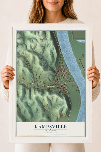 Map of Kampsville, Illinois, 18 x 24 inch print in a white wood frame