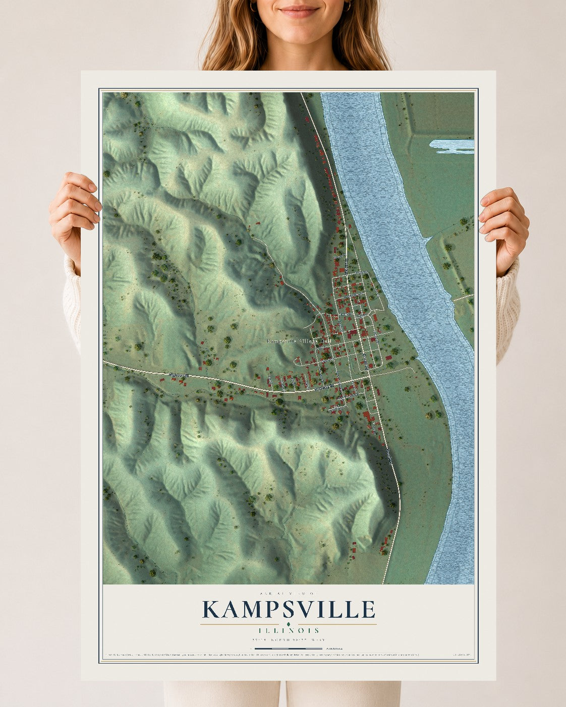Map of Kampsville, Illinois, 24 x 36 inch unframed archival matte print