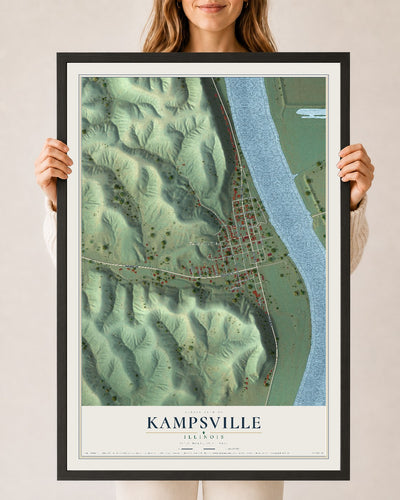 Map of Kampsville, Illinois, 24 x 36 inch print in a black wood frame