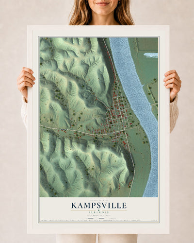 Map of Kampsville, Illinois, 24 x 36 inch print in a white wood frame
