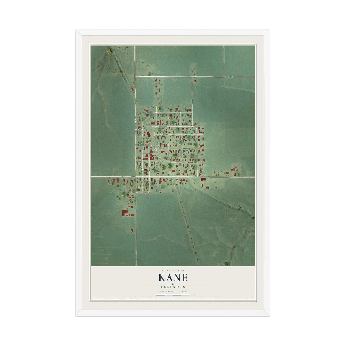 Map of Kane, Illinois, 12 x 18 inch print in a white wood frame