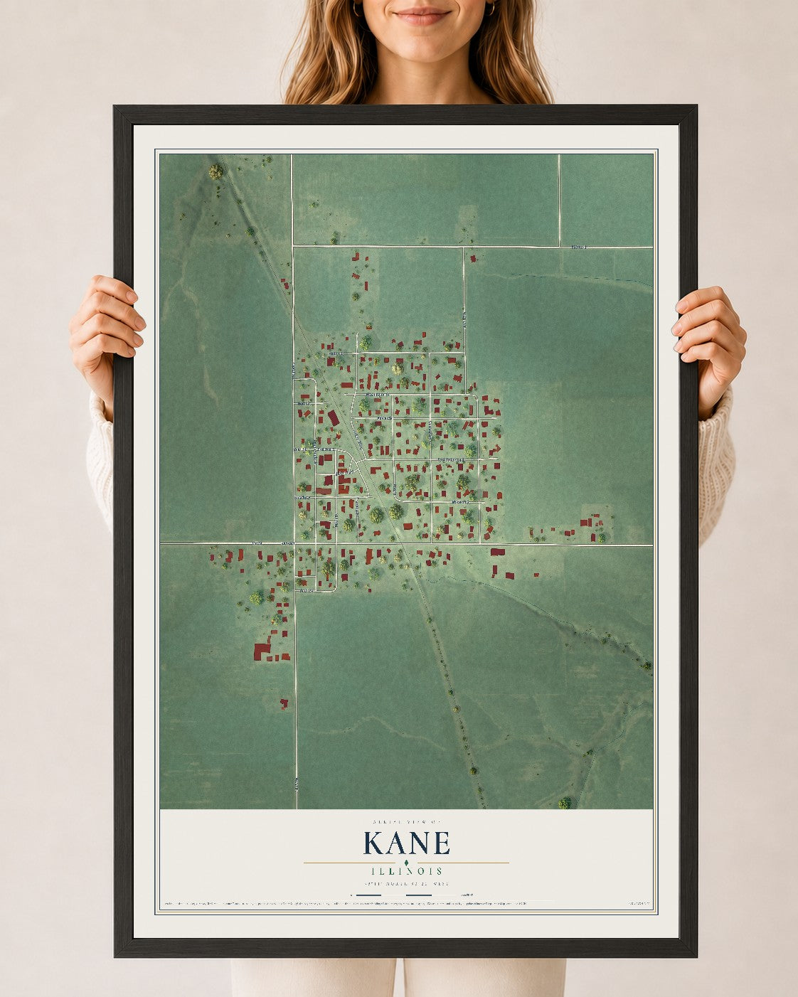 Map of Kane, Illinois, 24 x 36 inch print in a black wood frame