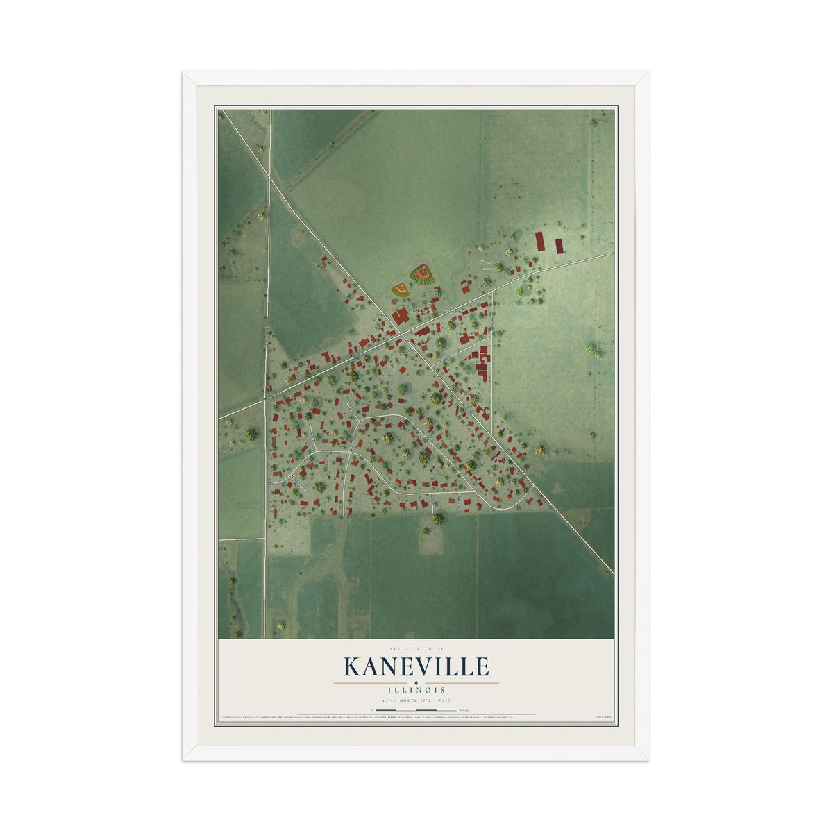 Map of Kaneville, Illinois, 12 x 18 inch print in a white wood frame