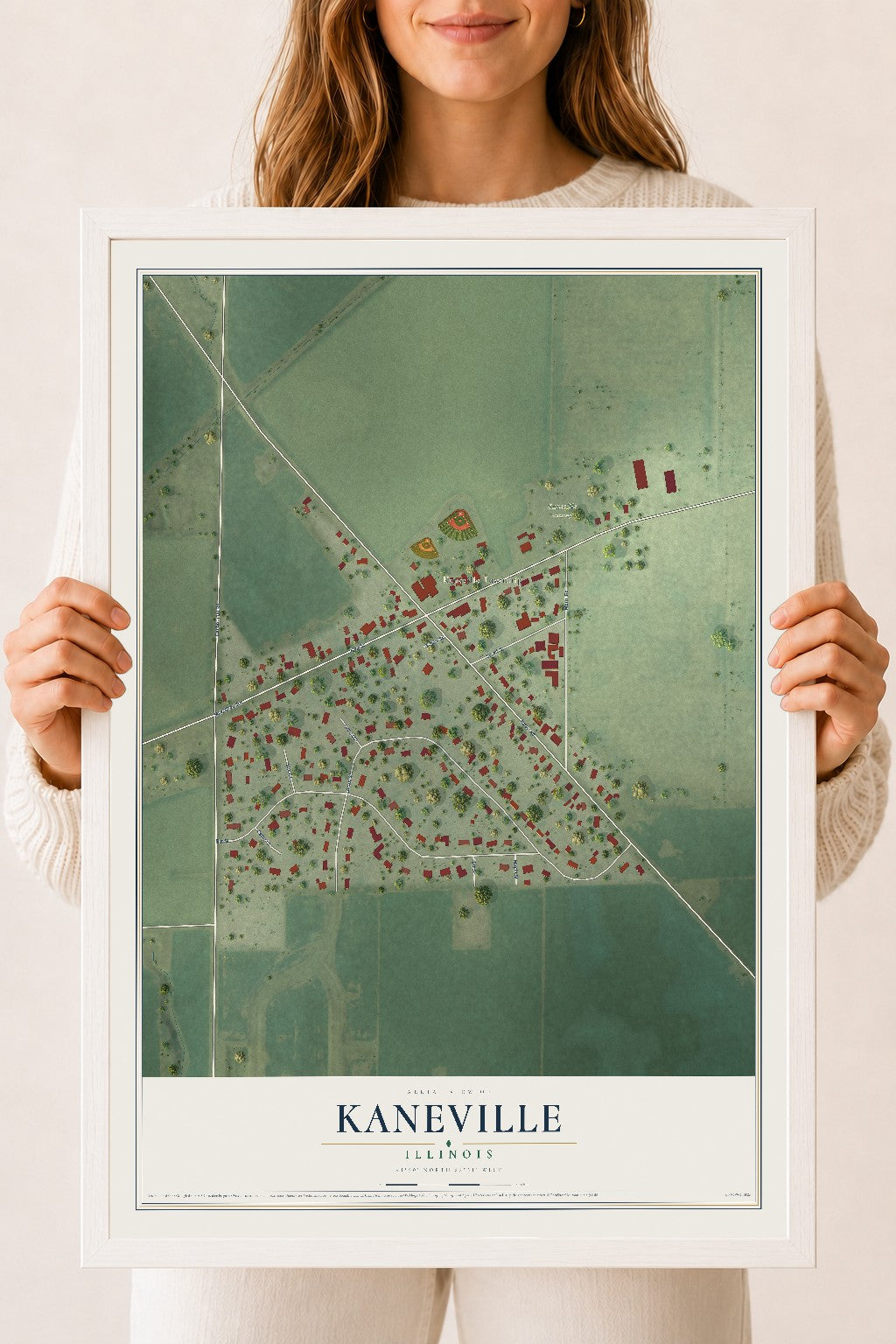 Map of Kaneville, Illinois, 18 x 24 inch print in a white wood frame