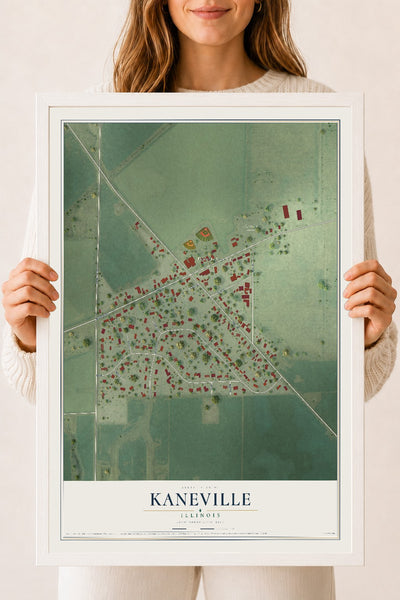 Map of Kaneville, Illinois, 18 x 24 inch print in a white wood frame