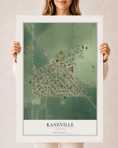 Map of Kaneville, Illinois, 24 x 36 inch print in a white wood frame