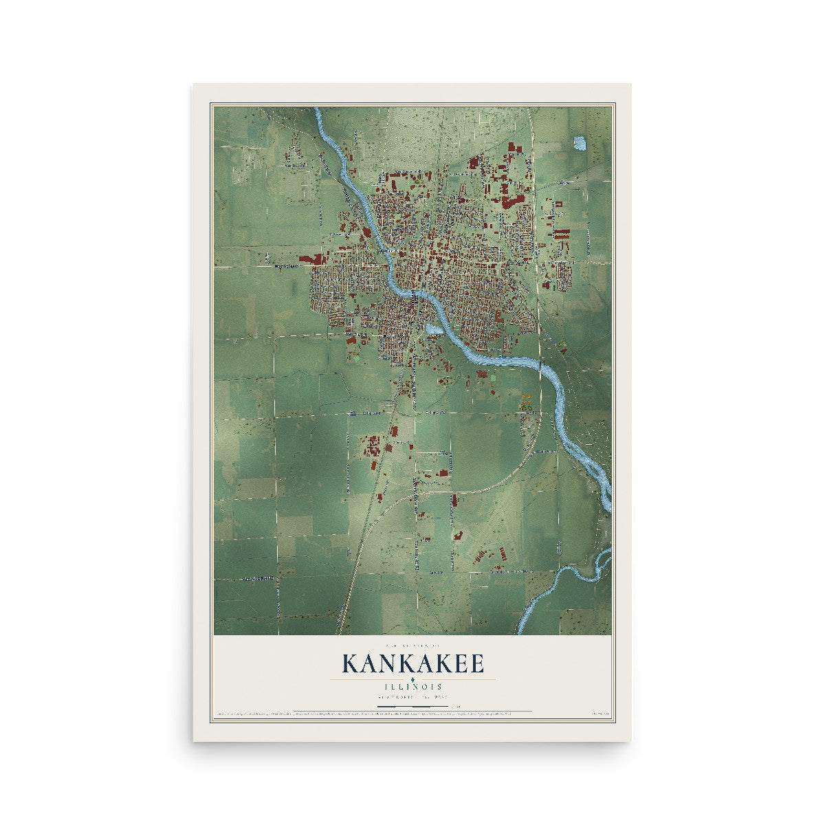 Map of Kankakee, Illinois, 12 x 18 inch unframed archival matte print