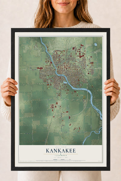 Map of Kankakee, Illinois, 18 x 24 inch print in a black wood frame
