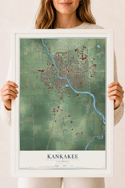 Map of Kankakee, Illinois, 18 x 24 inch print in a white wood frame