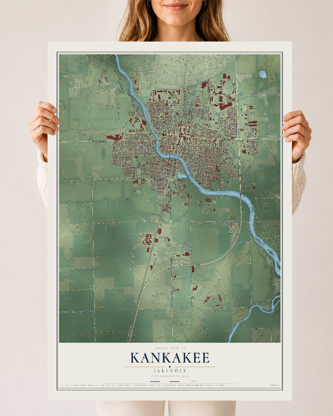 Map of Kankakee, Illinois, 24 x 36 inch unframed archival matte print