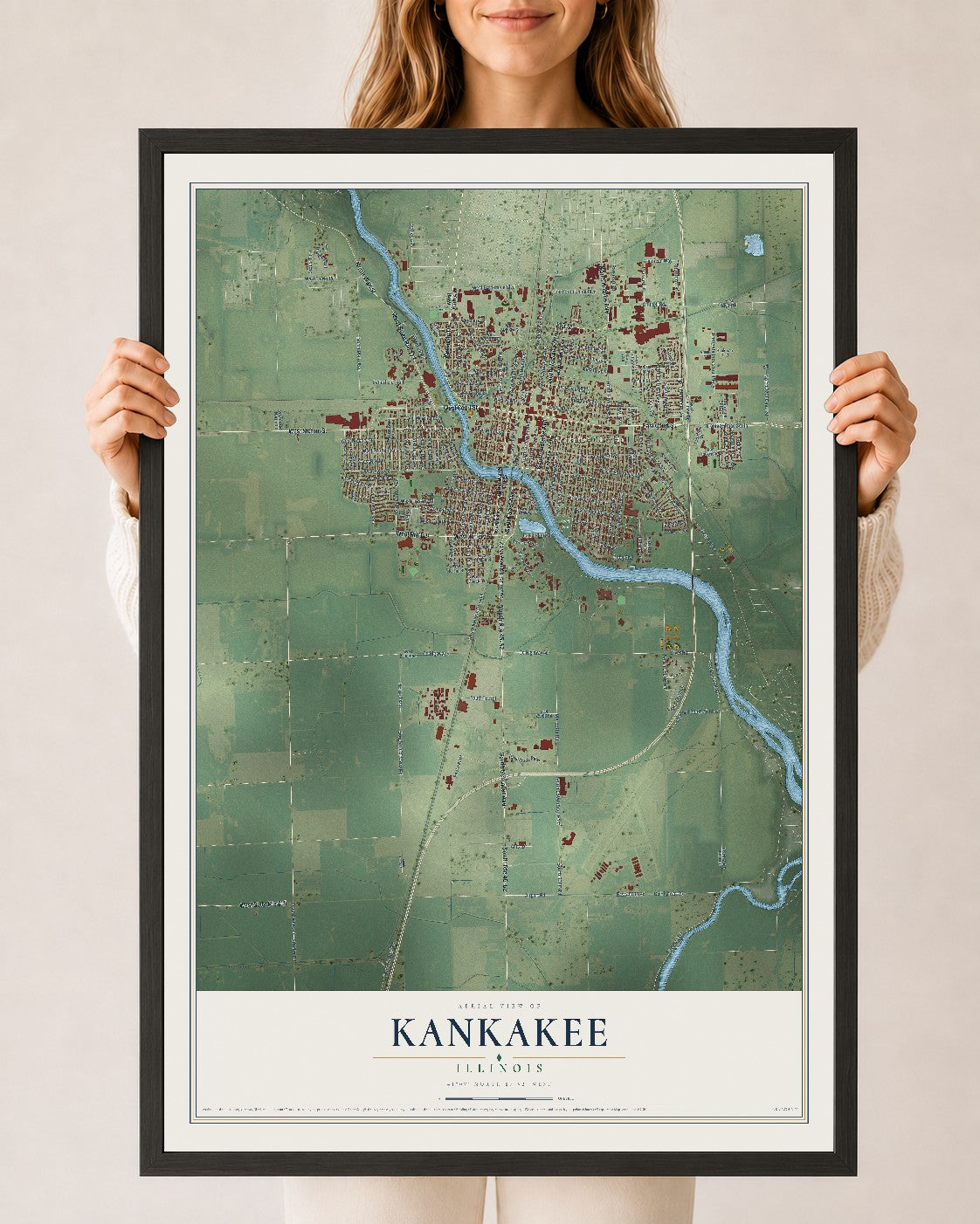 Map of Kankakee, Illinois, 24 x 36 inch print in a black wood frame
