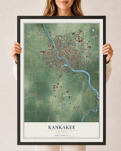 Map of Kankakee, Illinois, 24 x 36 inch print in a black wood frame