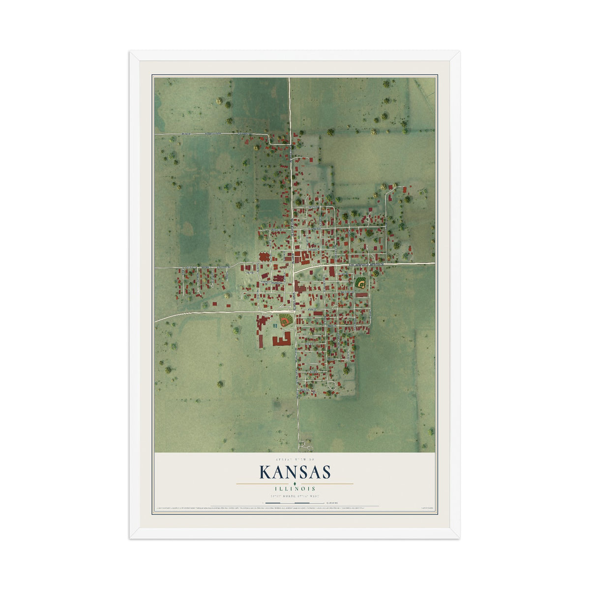 Map of Kansas, Illinois, 12 x 18 inch print in a white wood frame