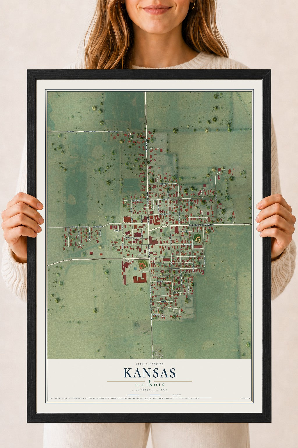 Map of Kansas, Illinois, 18 x 24 inch print in a black wood frame