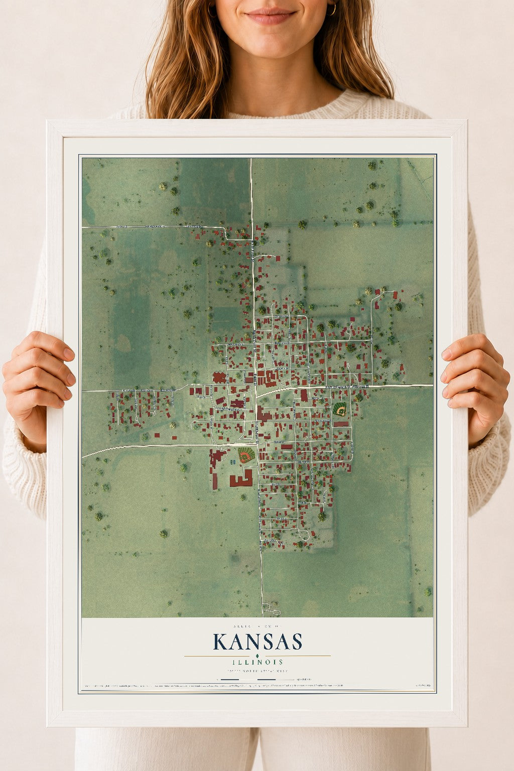 Map of Kansas, Illinois, 18 x 24 inch print in a white wood frame