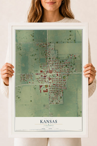 Map of Kansas, Illinois, 18 x 24 inch print in a white wood frame