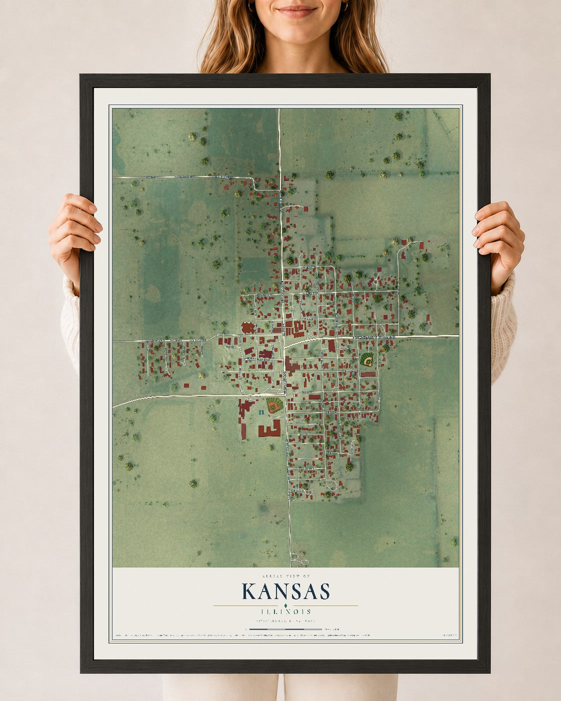 Map of Kansas, Illinois, 24 x 36 inch print in a black wood frame