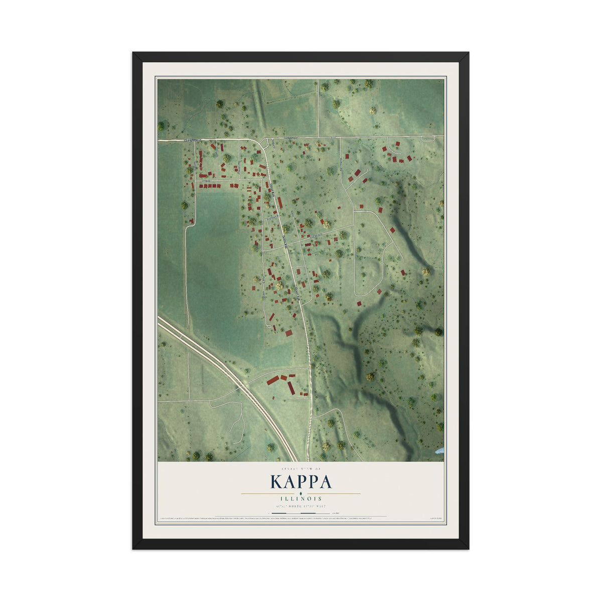 Map of Kappa, Illinois, 12 x 18 inch print in a black wood frame