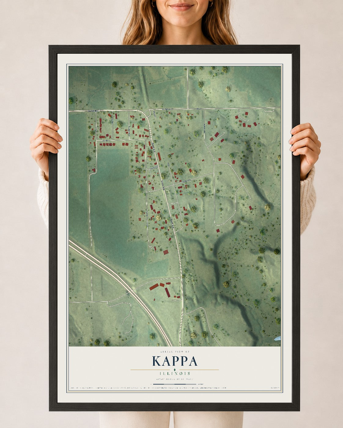 Map of Kappa, Illinois, 24 x 36 inch print in a black wood frame