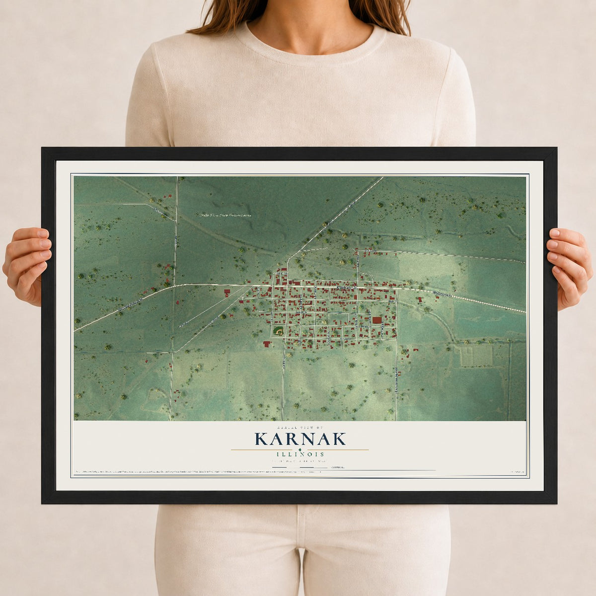 Map of Karnak, Illinois, 12 x 18 inch print in a black wood frame