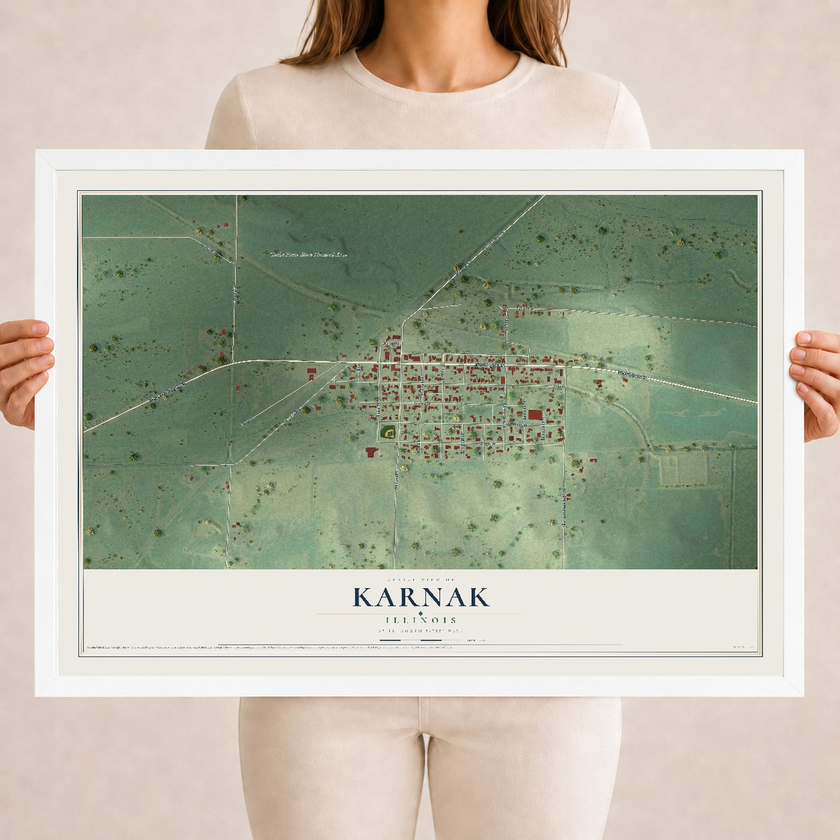 Map of Karnak, Illinois, 18 x 24 inch print in a white wood frame