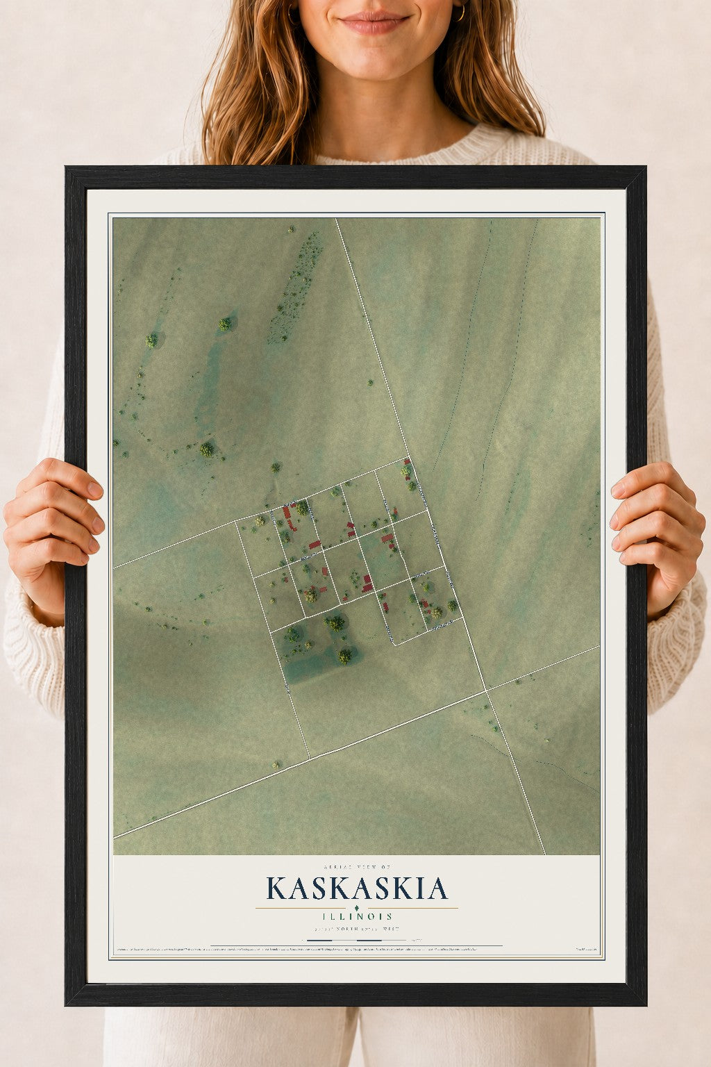 Map of Kaskaskia, Illinois, 18 x 24 inch print in a black wood frame