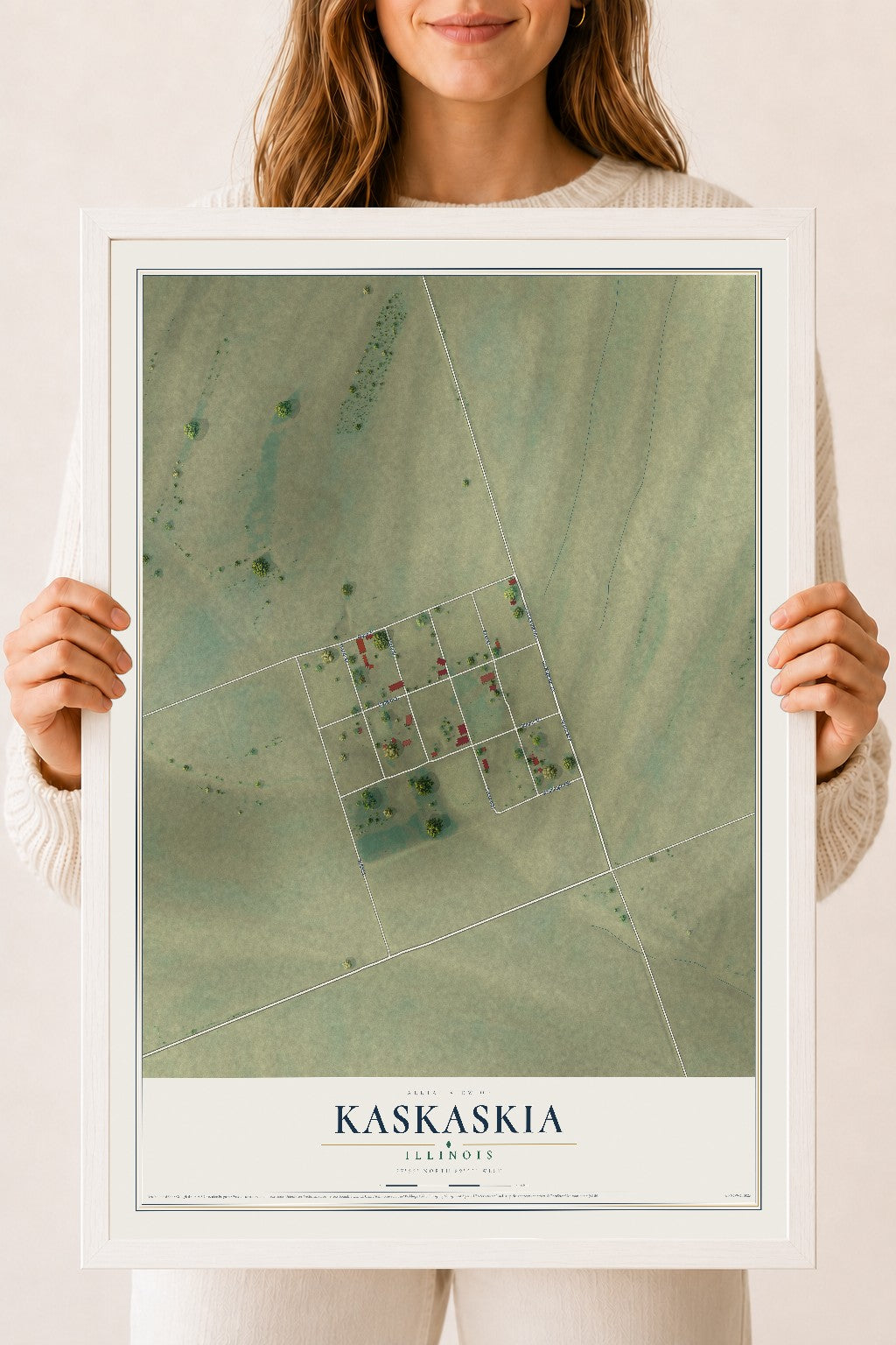 Map of Kaskaskia, Illinois, 18 x 24 inch print in a white wood frame