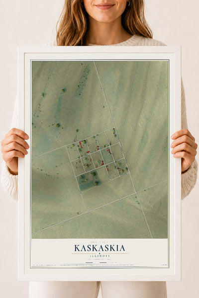Map of Kaskaskia, Illinois, 18 x 24 inch print in a white wood frame