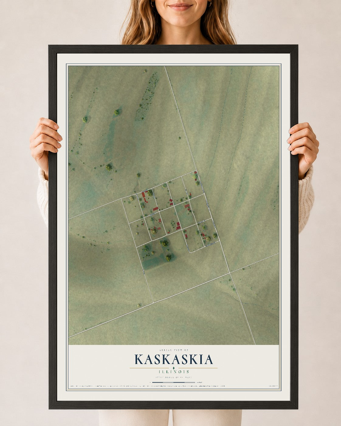 Map of Kaskaskia, Illinois, 24 x 36 inch print in a black wood frame