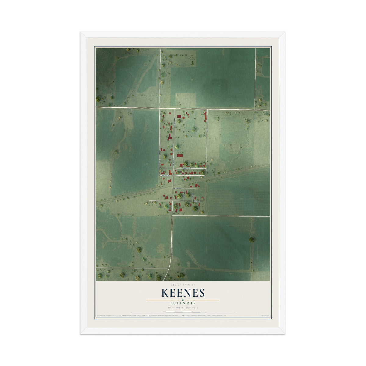 Map of Keenes, Illinois, 12 x 18 inch print in a white wood frame