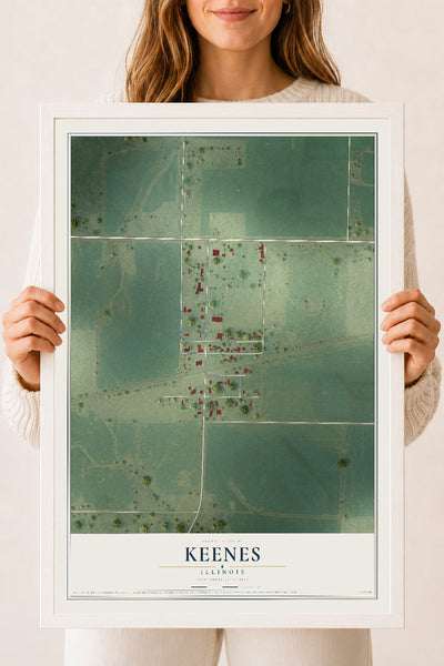 Map of Keenes, Illinois, 18 x 24 inch print in a white wood frame