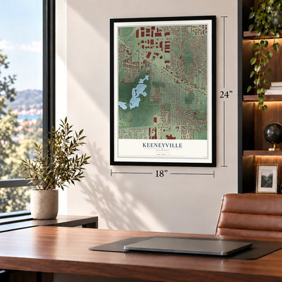 Keeneyville, Illinois map, 18 x 24 inch print in a black frame in a home office