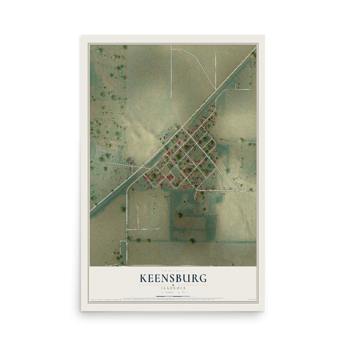 Map of Keensburg, Illinois, 12 x 18 inch unframed archival matte print