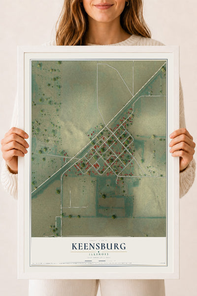 Map of Keensburg, Illinois, 18 x 24 inch print in a white wood frame