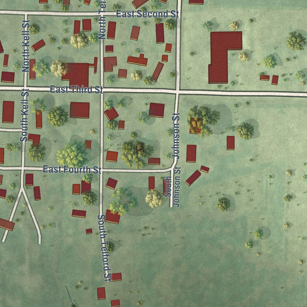 Close-up of the map of Kell, Illinois print showing street and building detail