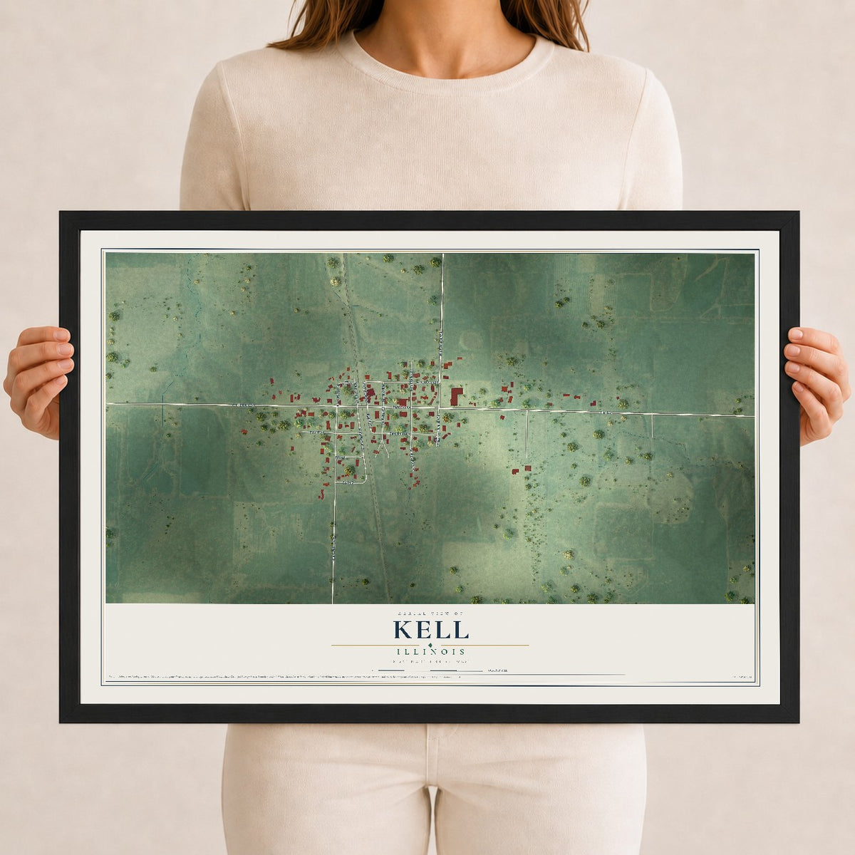 Map of Kell, Illinois, 12 x 18 inch print in a black wood frame