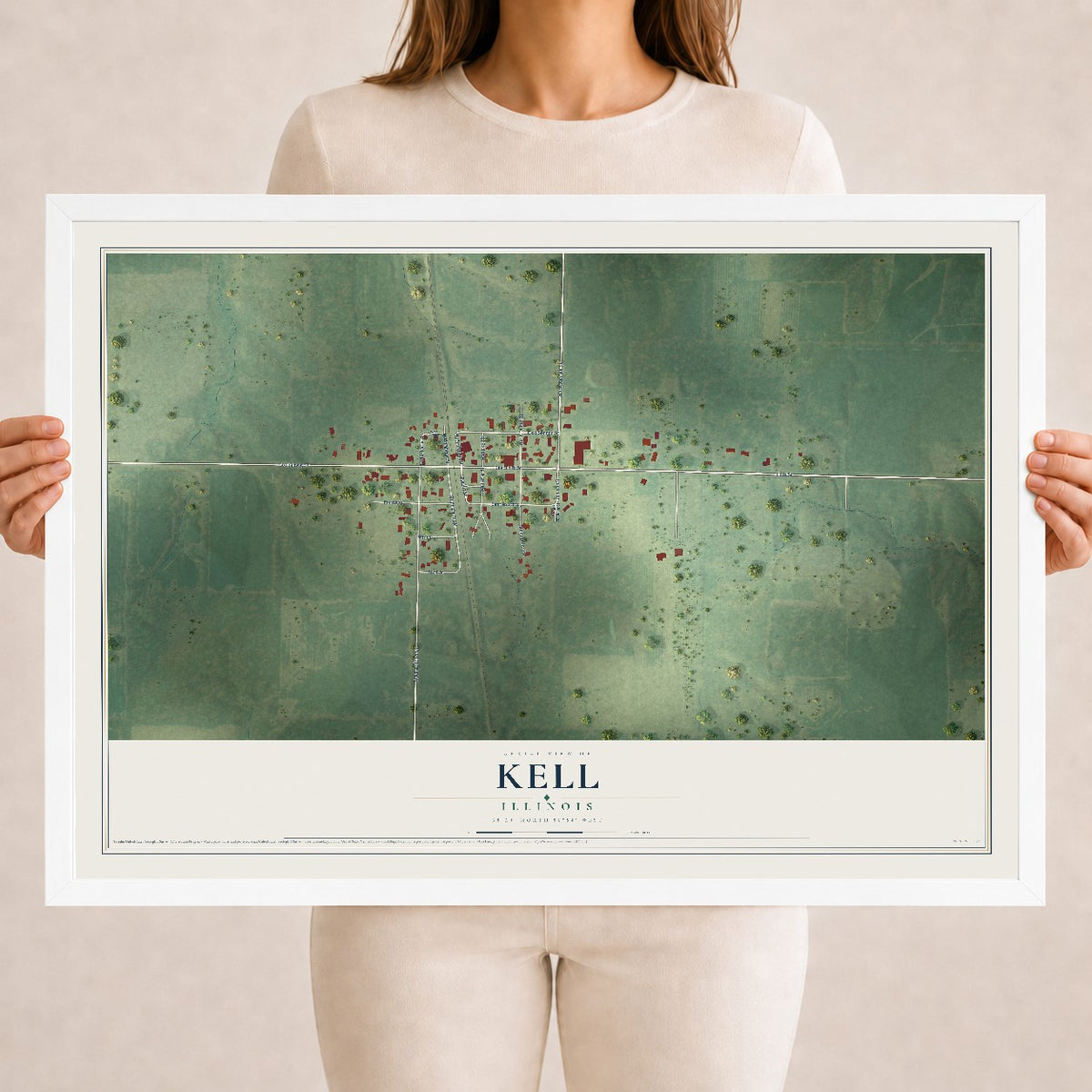 Map of Kell, Illinois, 18 x 24 inch print in a white wood frame