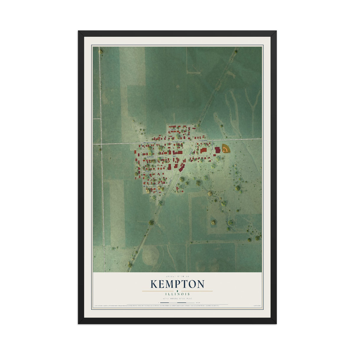 Map of Kempton, Illinois, 12 x 18 inch print in a black wood frame